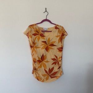 Calvin Klein 100% Cotton Red Orange Pastel Flower Leaf Print Short Sleeve Tee S